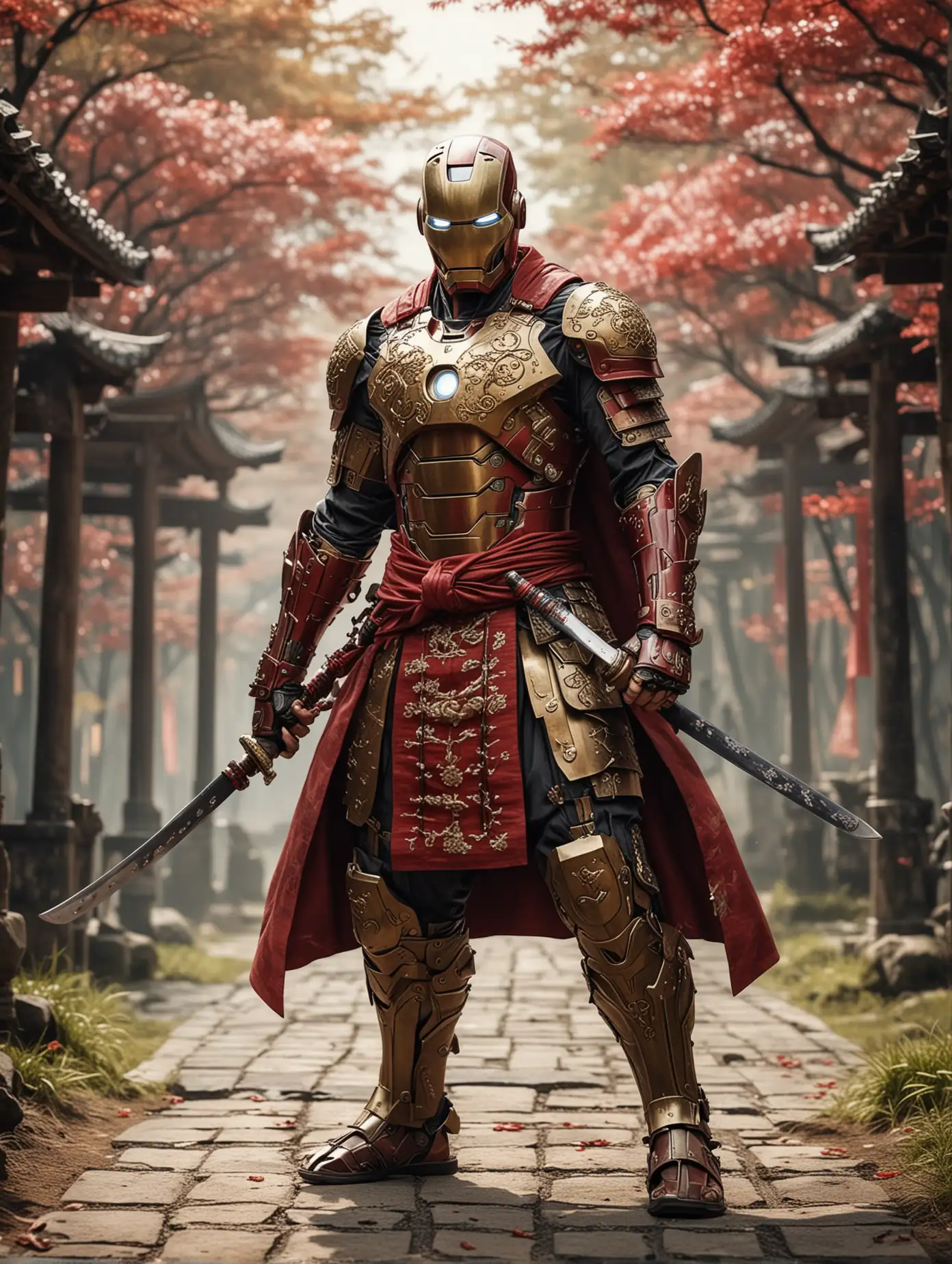 whimsical style of A fantastical of The Ironman in cosplaying wears japanese samurai attire outfit style, standing in fighting moves pose, holding katana, in medieval japanese kingdom background. Hyperrealistic and hyperdetailed elements, impressionistic masterpiece dan