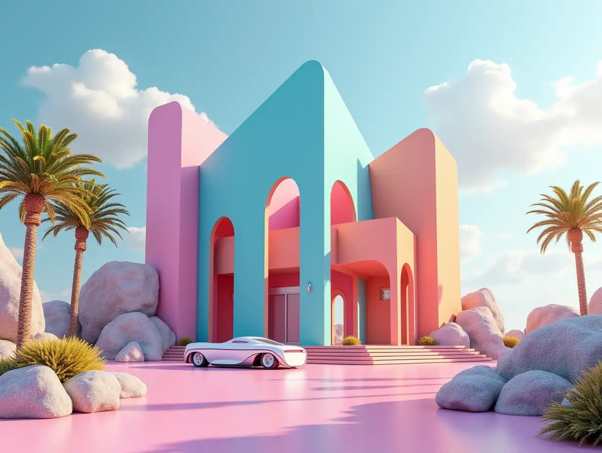 Create a high-resolution realistic image in 4k resolution a futuristic colorful building with curved pillars, palms, rocks and a futuristic vehicle cloudy sky