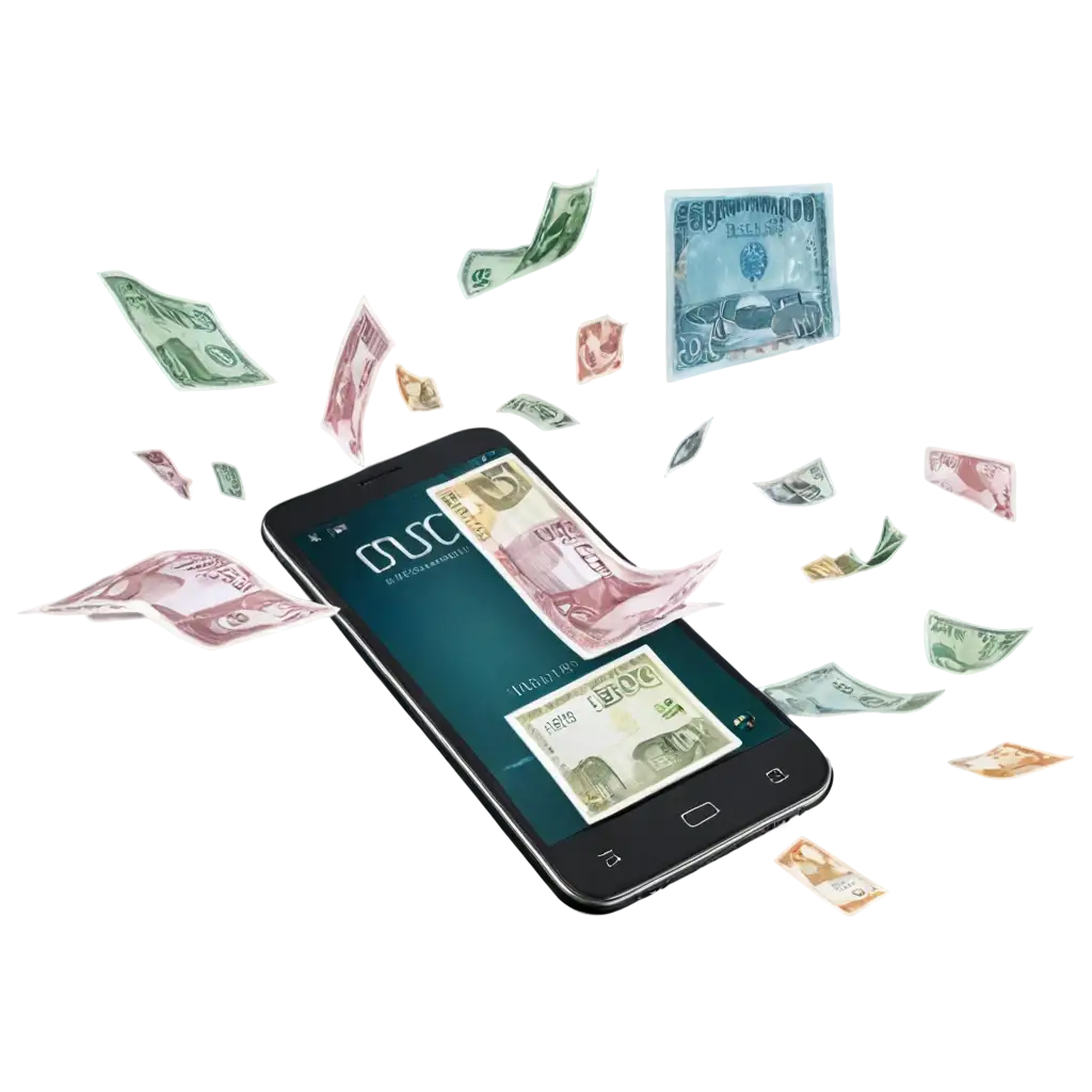 Indian 500 rupees currency notes flying out of a floating Smartphone display