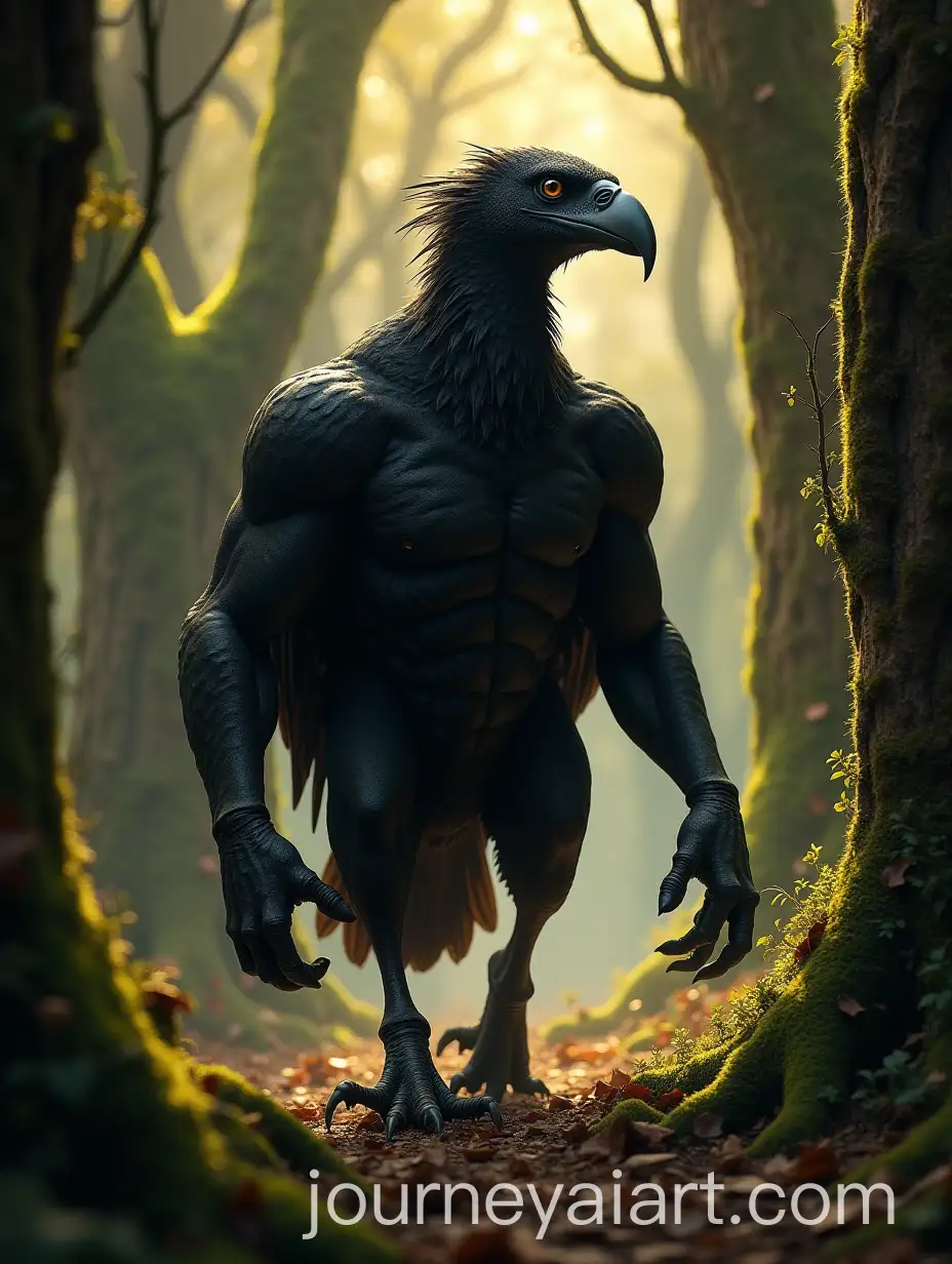 Aggressive-Hybrid-VultureCrow-Walking-Through-Mossy-Forest