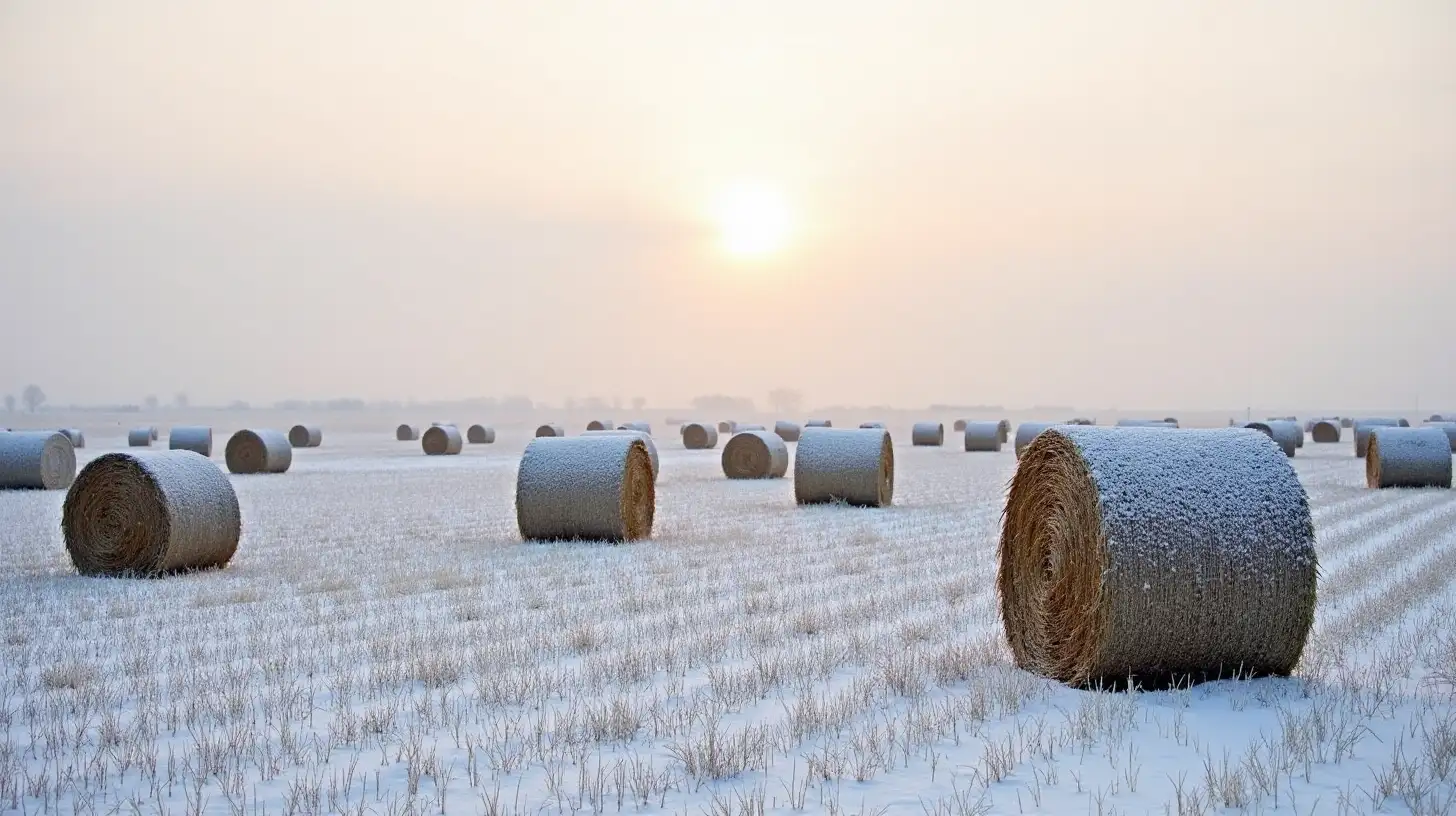 Winter Landscape with Snowcovered Hay Bales under Pale Sun