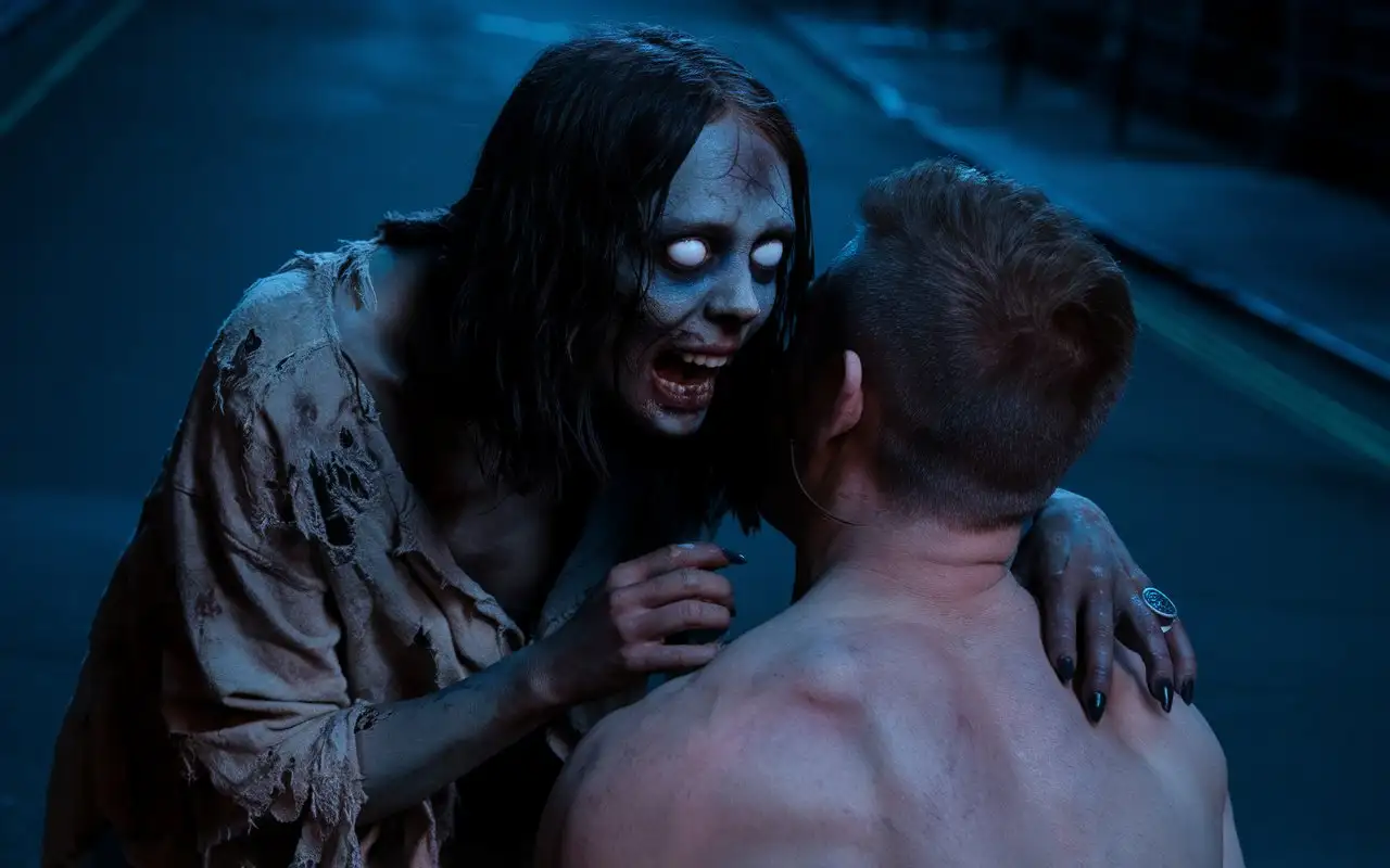 Zombie-Woman-Attacks-Shirtless-Man-on-Dark-Street-in-Horror-Scene