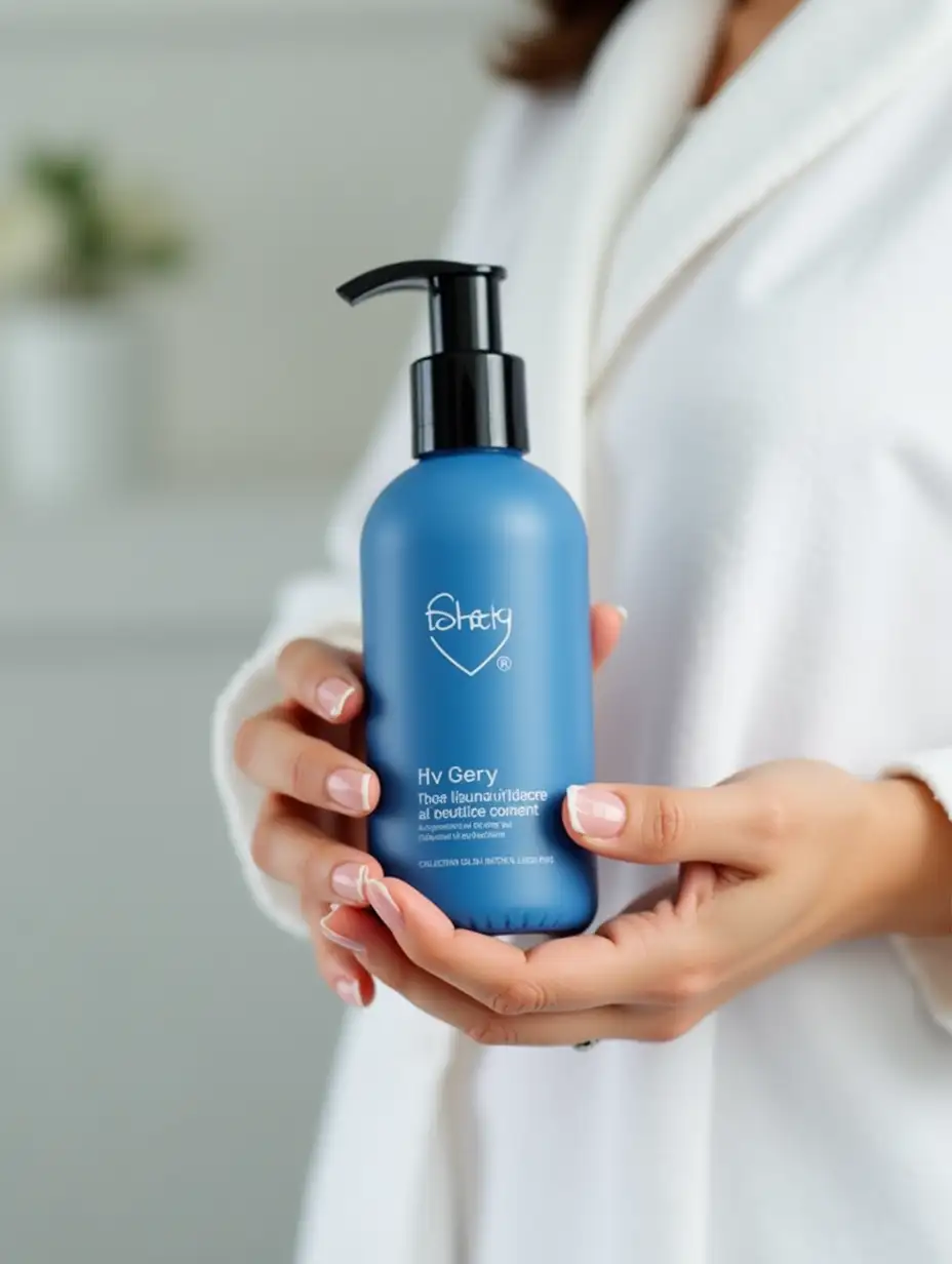 A close-up of a person’s hands holding a sleek blue pump bottle of skincare cleanser, with the label clearly visible. The bottle features a modern, elegant design with black pump details. The scene is well-lit, with a minimalistic background and soft focus on the person’s hands and nails, which are clean and manicured. The overall aesthetic is fresh, clean, and professional, highlighting the luxury and quality of the product.