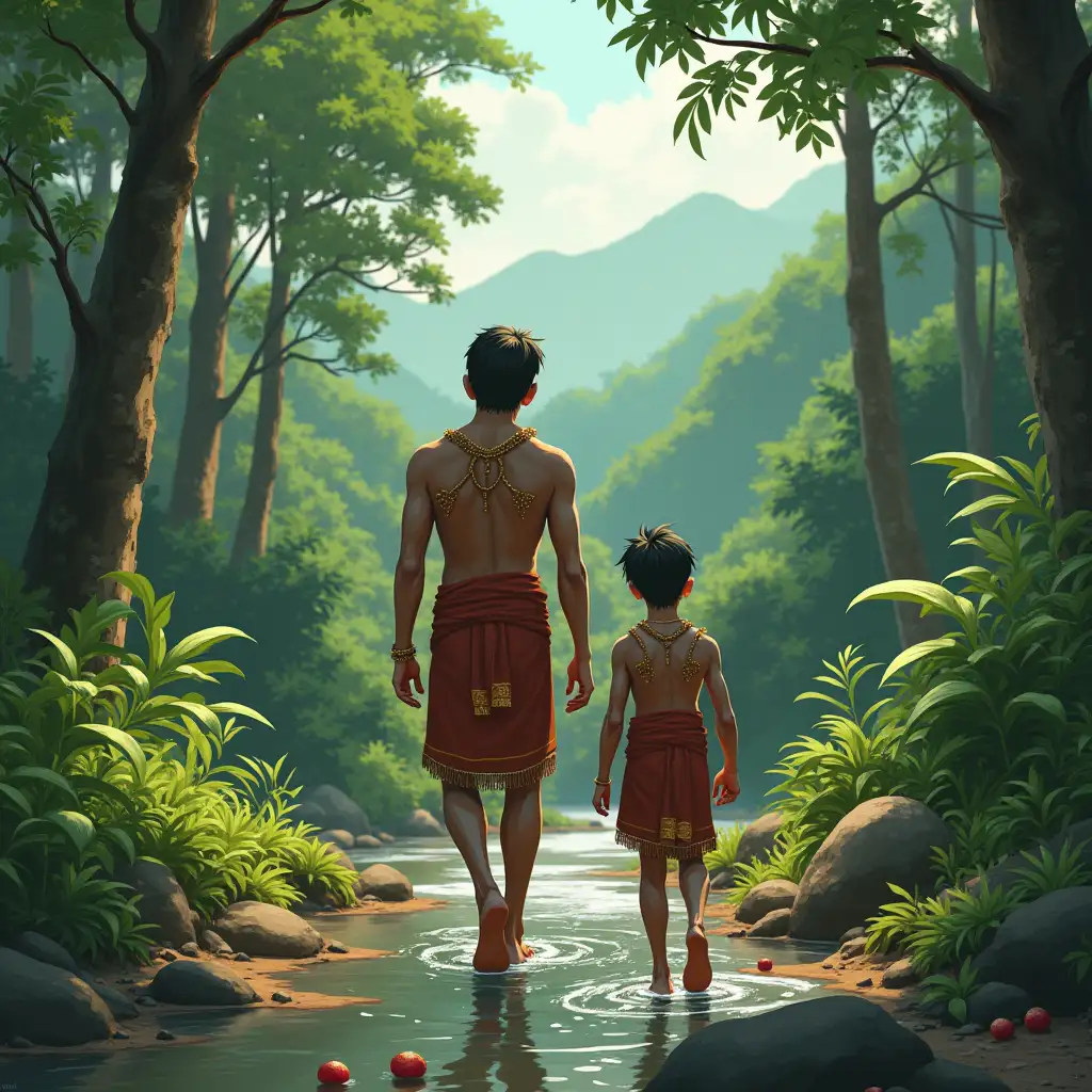 Main Character: The two Dimasa Brothers (elder and younger) in their teens, they have asian look. Position of Character: The brothers are in the forest, walking pass along the side of a river. Place of Character: The forest, specifically near a river (likely in the North Cachar Hills region, considering the Dimasa culture reference) Extra Element: Garcinia lanceifolia (a type of fruit) floating in the river Background & Colour: Background: Lush green forest with tall trees, possibly with hills and valleys. Colour palette: Earthy tones such as greens, browns, and tans, with hints of clear (river) and red colours from the fruit. Additional observations: Cultural significance: The Dimasa brothers wearing risa (traditional attire) highlights their cultural identity. Setting: The forest and river create a serene, natural atmosphere, possibly setting the stage for a transformative experience or adventure.