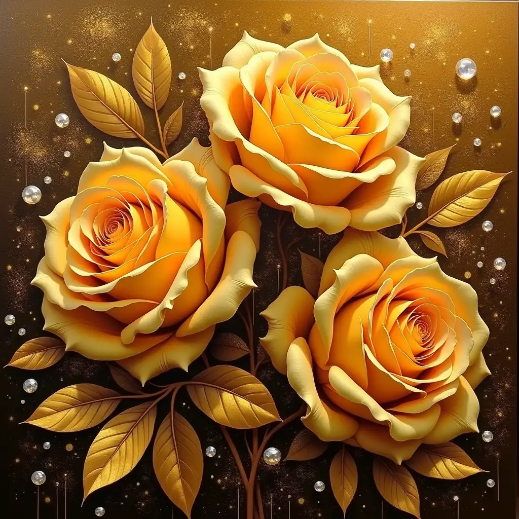 A luxurious arrangement of golden roses with delicate petals, surrounded by sparkling diamonds and golden leaves. The background features a rich, glittering texture, enhancing the elegant and opulent aesthetic. oil art