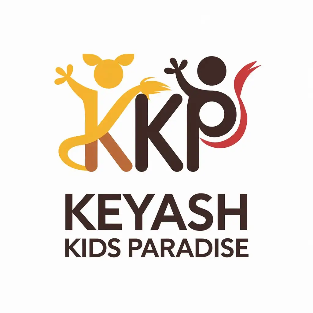 LOGO Design for Keyash Kids Paradise Yellow Brown and Red with Two Kids and Tale Bear Theme