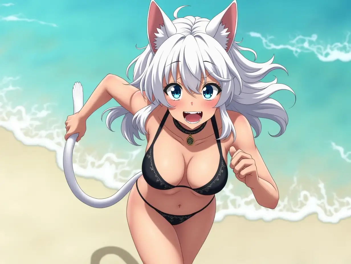 A mature adult feline/woman active running down a beach. Her 30-something years are disguised by her youthful facial features, except for her subtle wrinkles around the eyes, extremely slender body. Her ample bosom strains against her bikini, extreme cleavage.  Wearing black shoes. She has piercing blue cat eyes. A choker adorns her neck, a subtle hint at her feline nature. Her long, white hair cascades down her back like a wild waterfall, tangled and disheveled. Her cat-like teeth glint in the light, as her white fur-lined ears punctuate her visage with sparkling black and gold earring adorns each ear, adding a touch of elegance to her feline features. Cat whiskers on her face. The attached tail at the base of her spine stirs lazily.  Long fingernails. Full view. Anime.