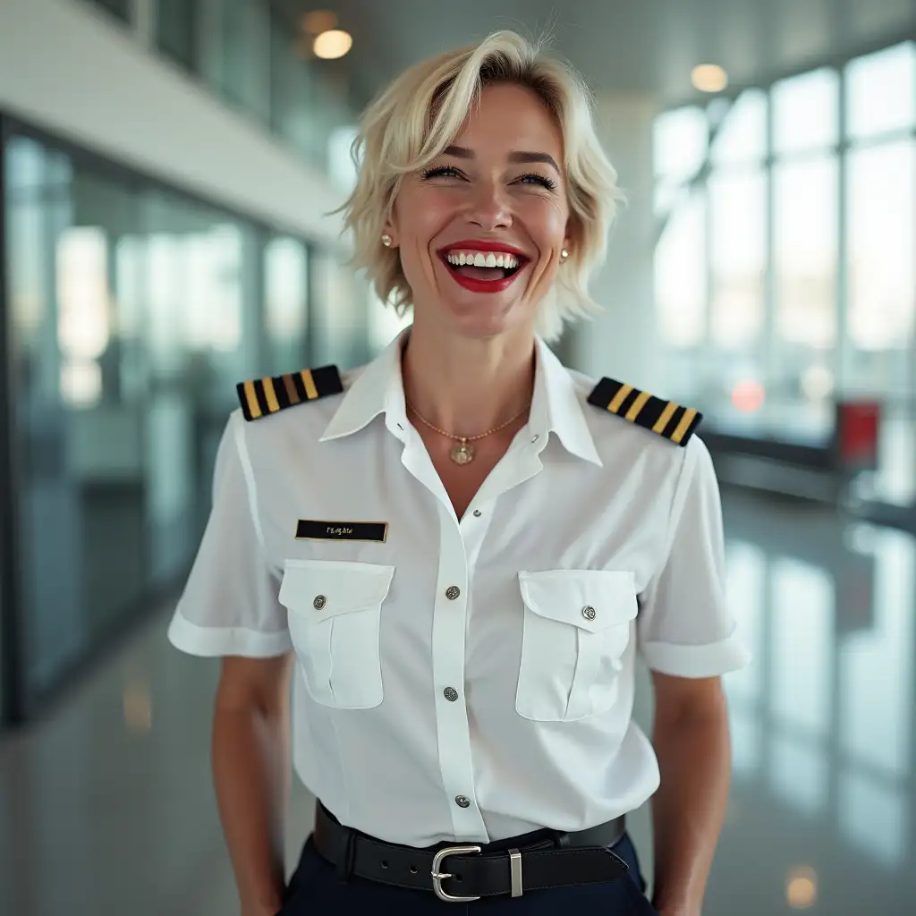 white norvegian pilot lady, in white unbuttoned pilot shirt, laughing with her mouth open, red lipstick accentuating her smile,belt on waist, big wide hips, chest are fully grown, jewerly, short hair, HD, enjoying at airport , photo-realism