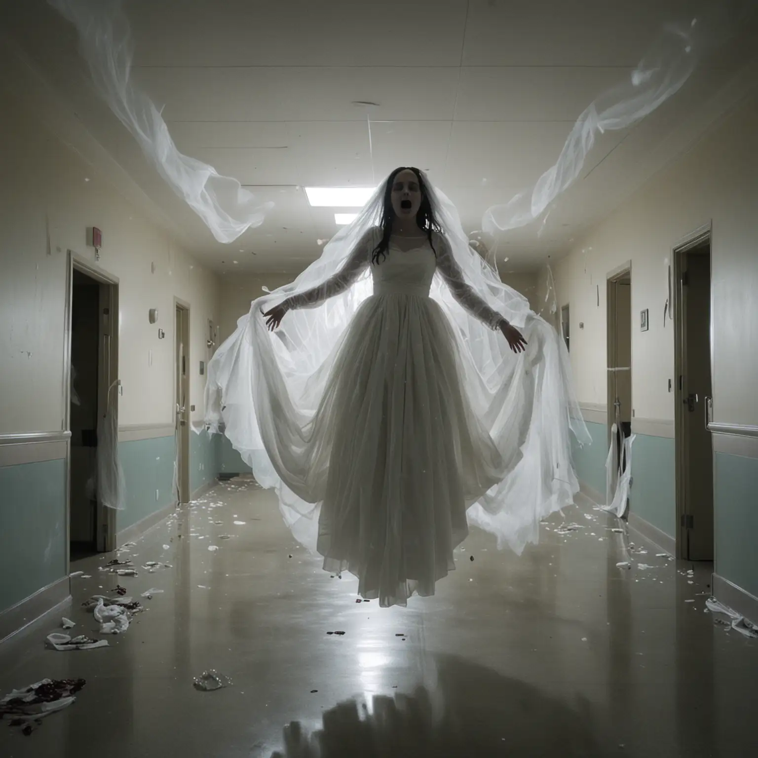 Ghost girl, floating, horror, dark, wedding dress, flying, hospital 