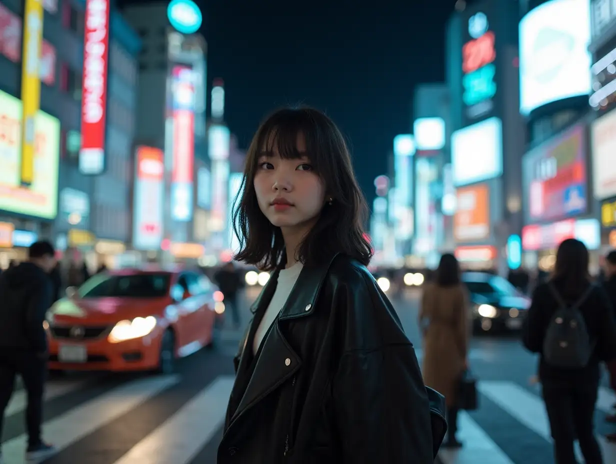 Trendy-Japanese-Girl-at-Shibuya-Crossing-at-Night-with-Neon-Lights