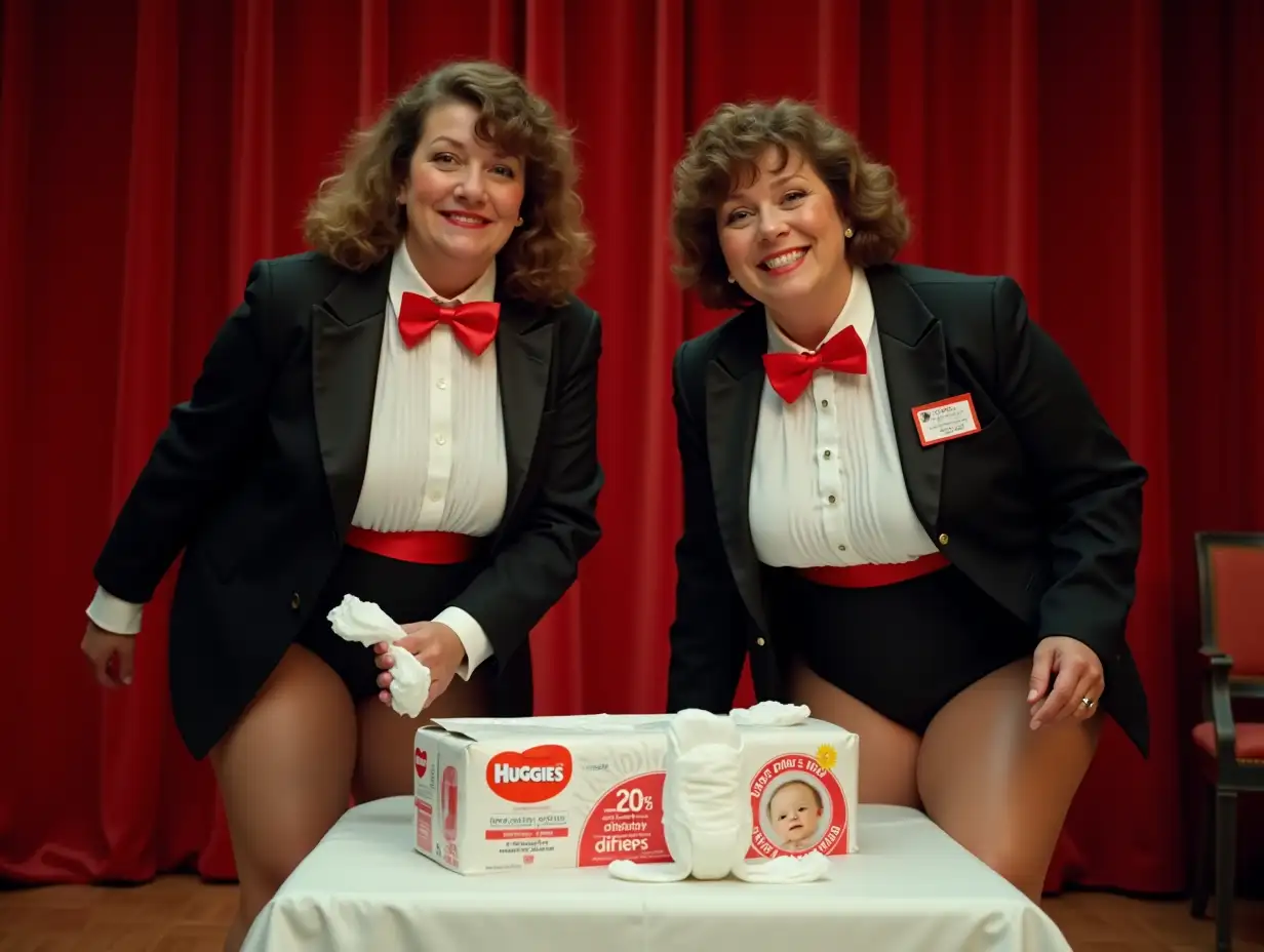 Plump-Caucasian-Women-in-Formal-Orchestra-Tuxedo-Holding-Huggies-Diaper-on-Stage-with-Red-Curtain-Backdrop