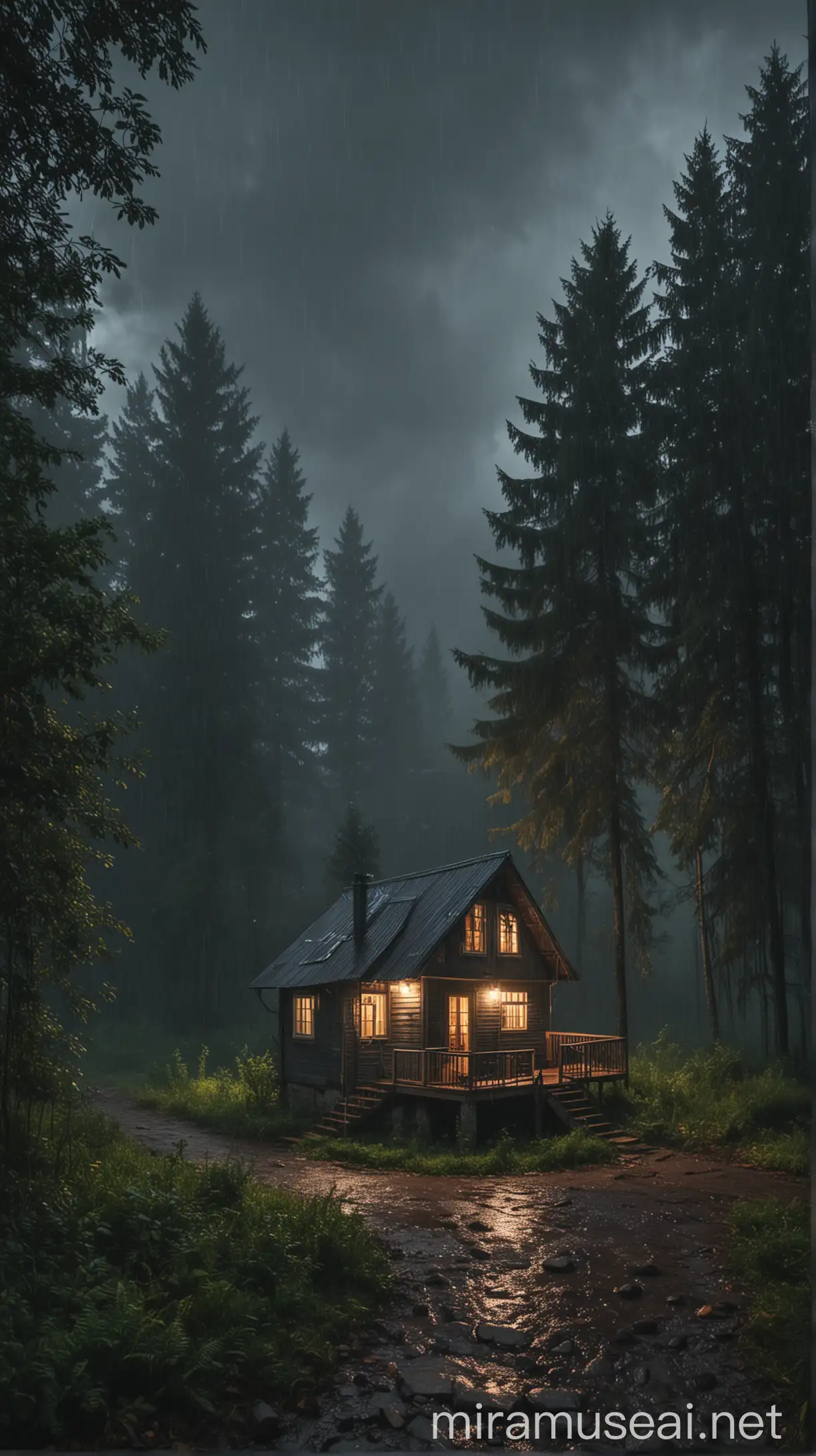 Small House in the Middle of the Forest on a Rainy Night