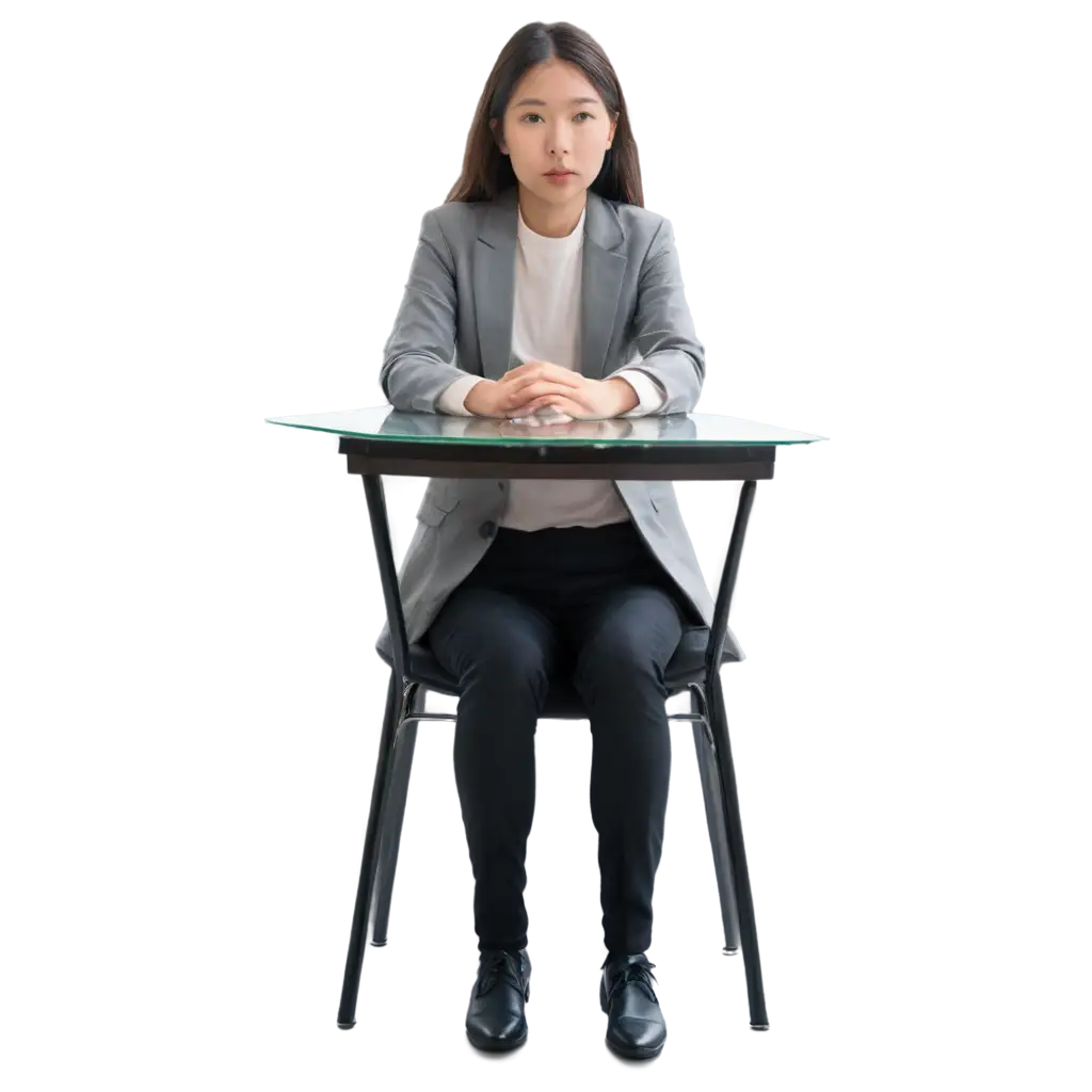 Beautiful-Japanese-Teacher-Sitting-on-Chair-with-Hands-on-Glass-Table-PNG-Image-for-Clear-and-HighQuality-Visuals