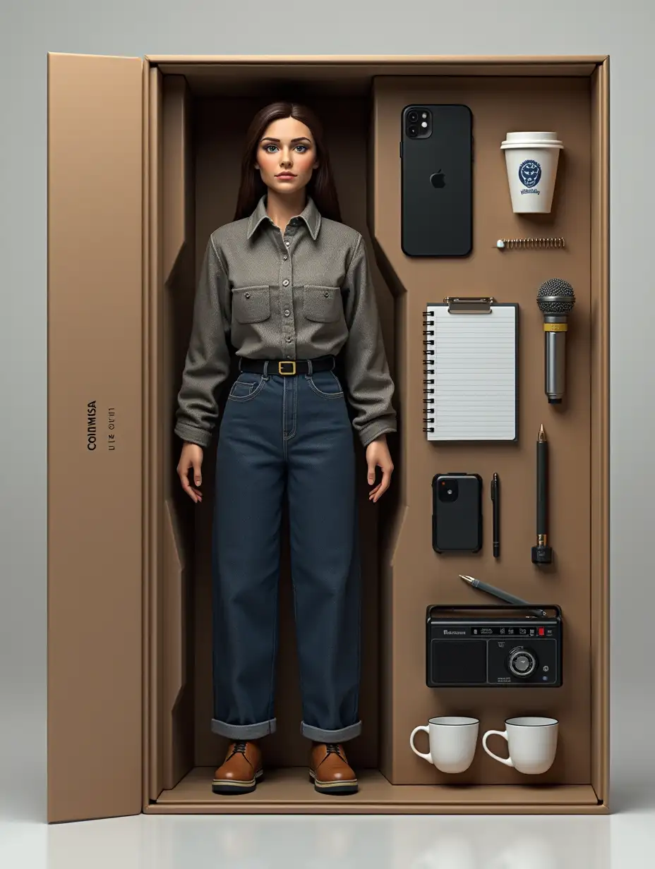Create a realistic figure of a person in a photo. It should be an action-figure in a box as a collectible item. In the box - inscription: [Cosmos SOC 'Senior Overseer', Vera Sergeevna]. Next to the figurine - accessories: [iPhone 11, microphone, coffee cup, notebook, radio, AirPods Pro]