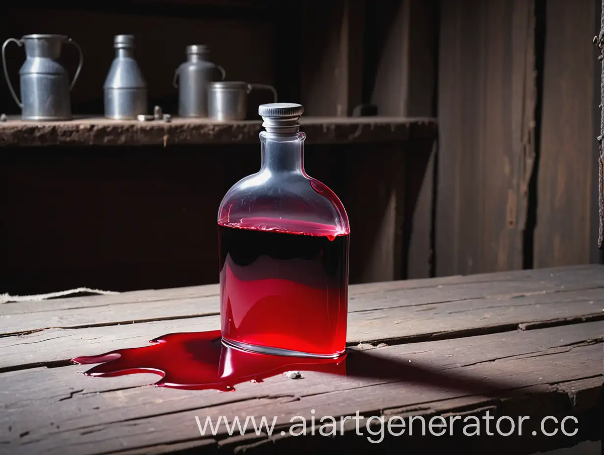 Rustic-Flask-with-Red-Liquid-on-Rickety-Table