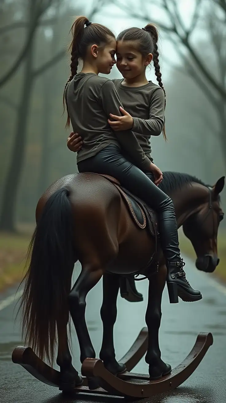 Two-13YearOld-Girls-in-Leather-Leggings-and-Combat-Boots-Sitting-on-a-Rocking-Horse-in-the-Rain