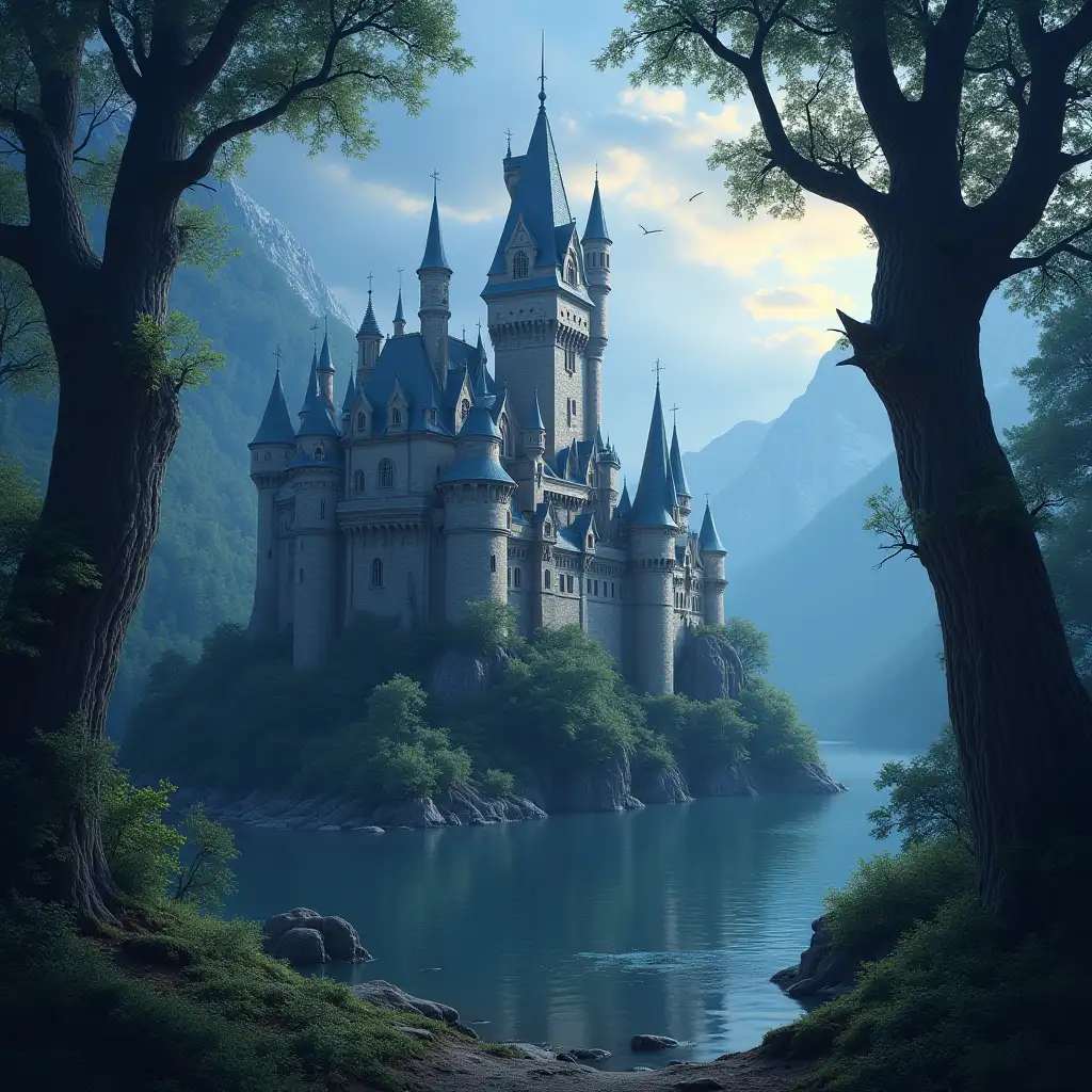 a beautiful castle in a enchanted forest