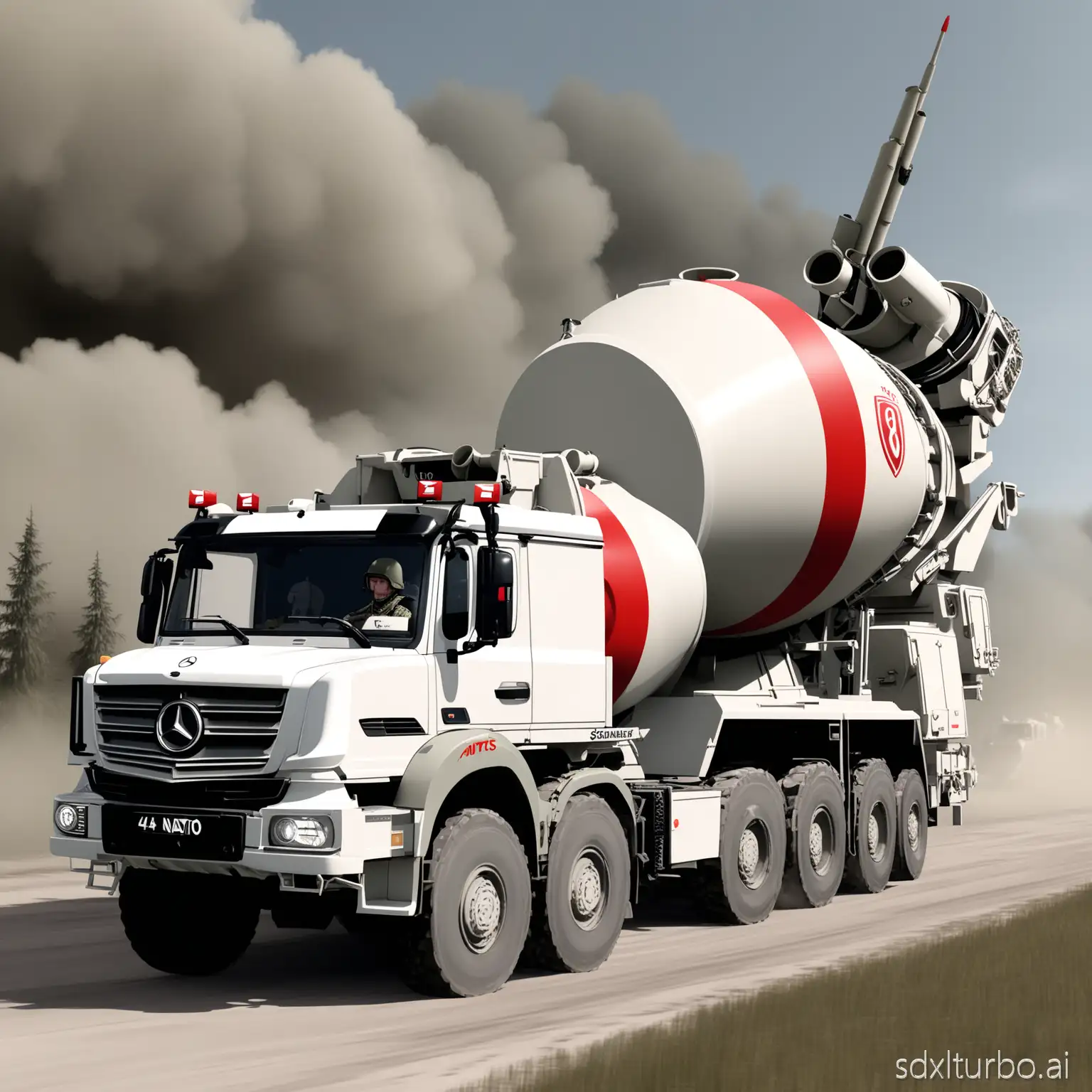 A white Mercedes Antos cement mixer truck from the SCHWENK company with a tank turret and gun mounted on the roof, a logo on the barrel and a red stripe running the length of the whole machine and number 84 on the cab, driven by a Latvian NATO soldier with a gun, in an animated format
