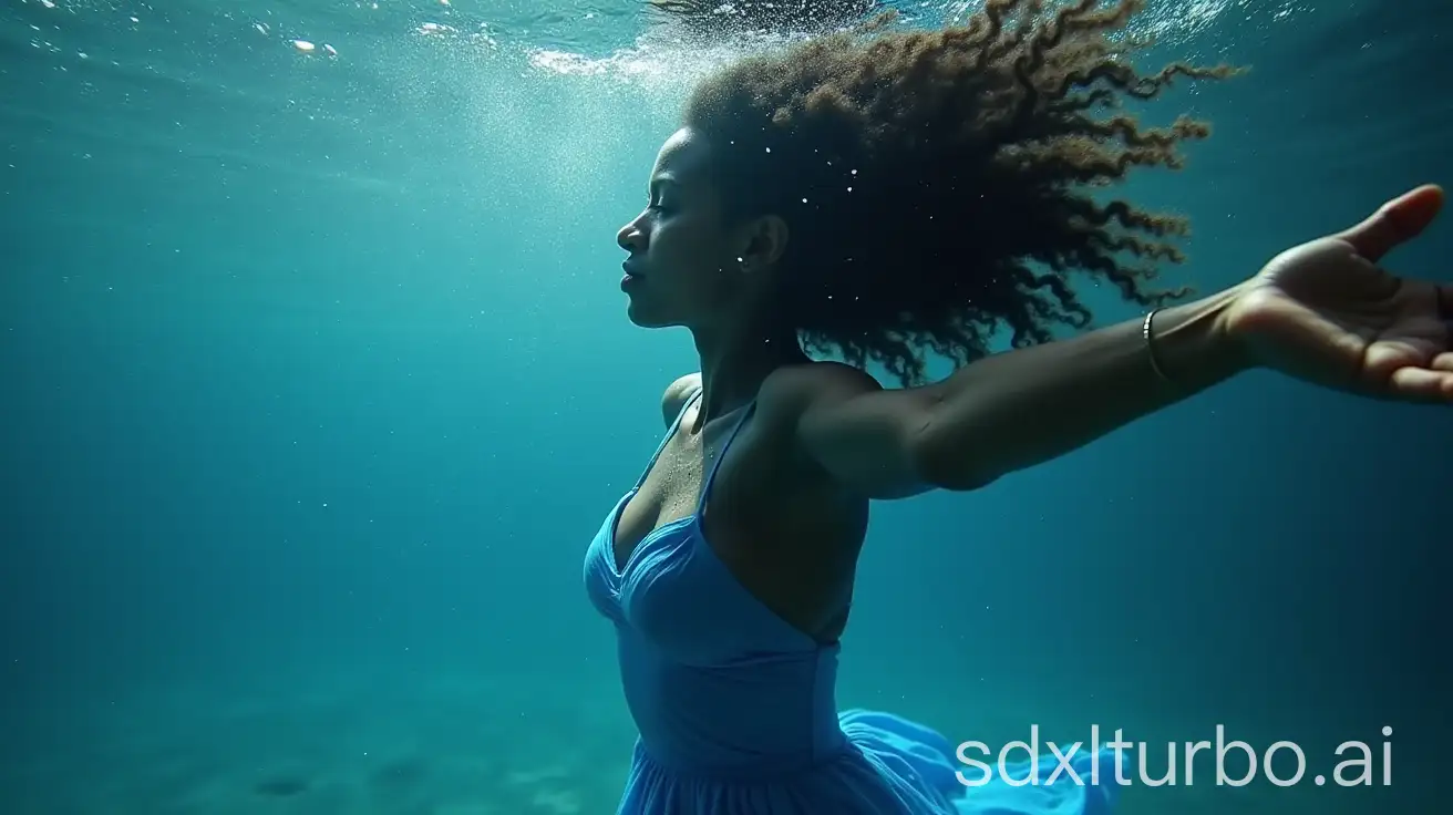 Beautiful-Black-Woman-in-a-Flowing-Blue-Dress-Submerged-in-a-Sparkling-River