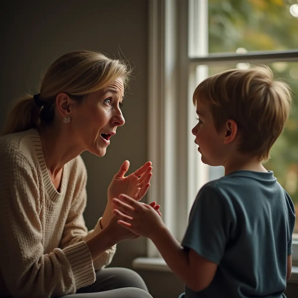 realistic, a 40 years old woman looks surprised and looks at her young son talking