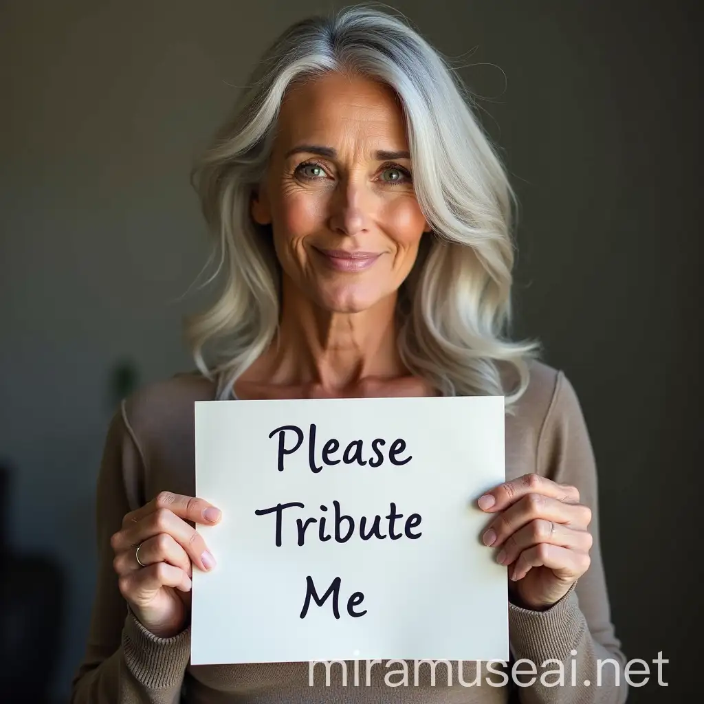 beautiful tall and fit, 55 year old woman, with wavy silver hair parted of the side, holding a piece of paper that reads Please Tribute Me