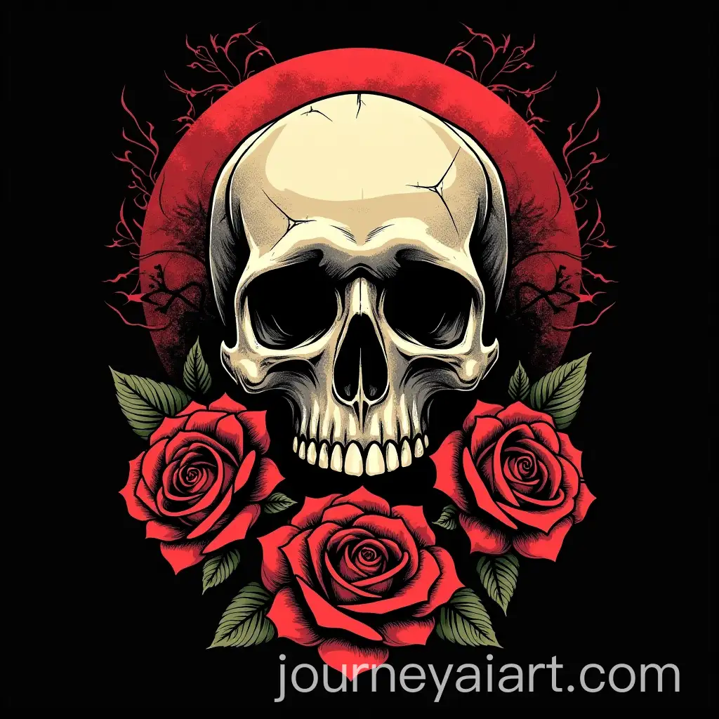 Japanese-Rock-Metal-Band-TShirt-Design-Featuring-Skull-and-Red-Rose