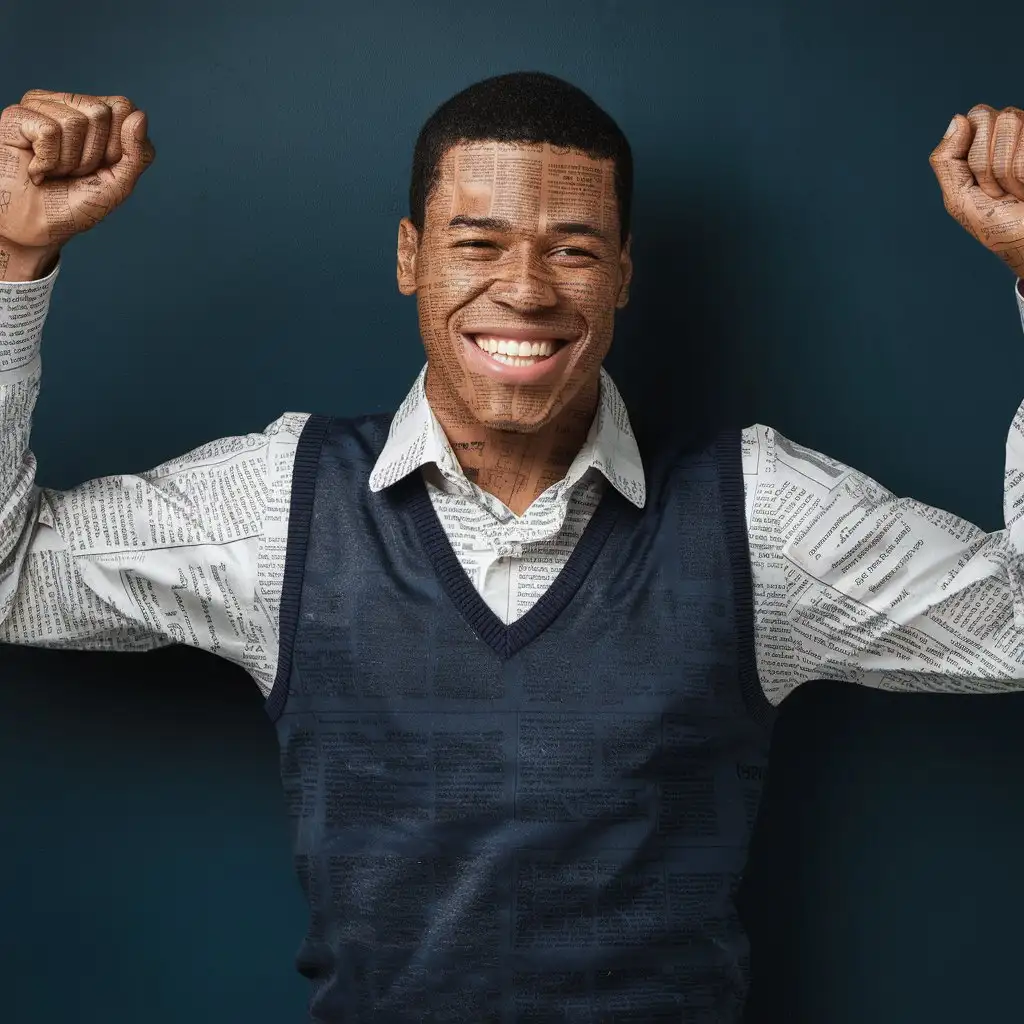 Happy Black Man Crafted from Newspaper on Dark Blue Background