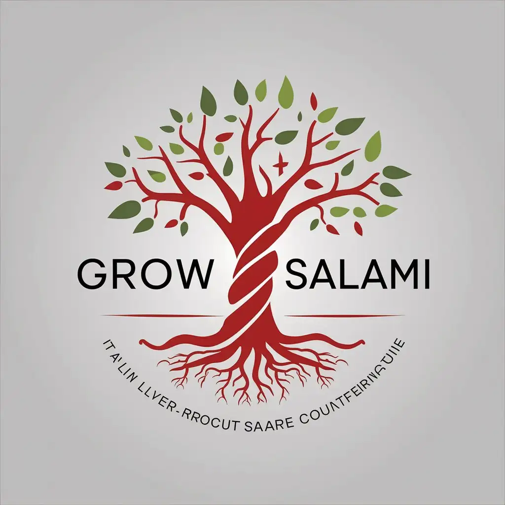 a vector logo design,with the text "Grow Salami", main symbol:tree logo, trunk in the shape of a salami sausage, branches and roots continuation of the sausage, Italian prosciutto on the branches. luxury style, associations with high prices and premium class,Minimalistic,be used in Retail industry,clear background