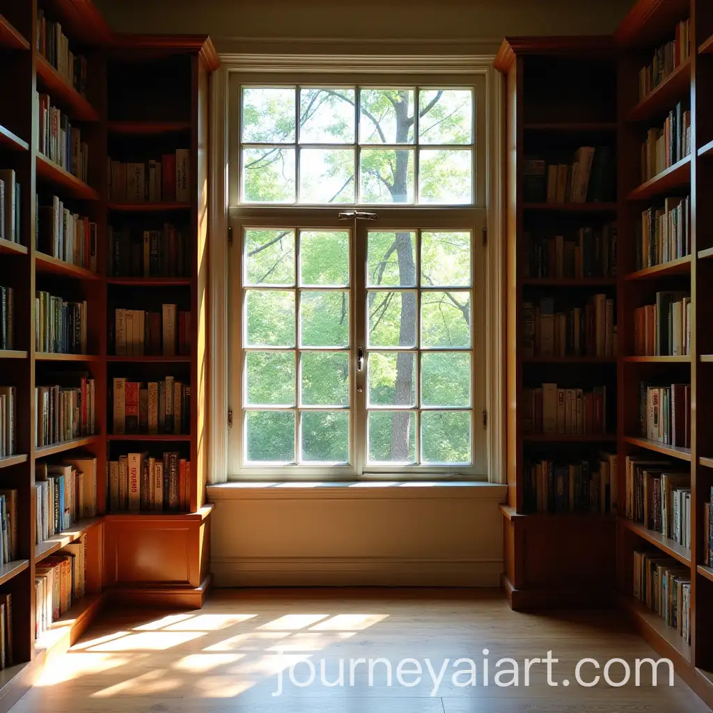 Cozy-Room-with-Bookshelves-and-Large-Window-Overlooking-Trees