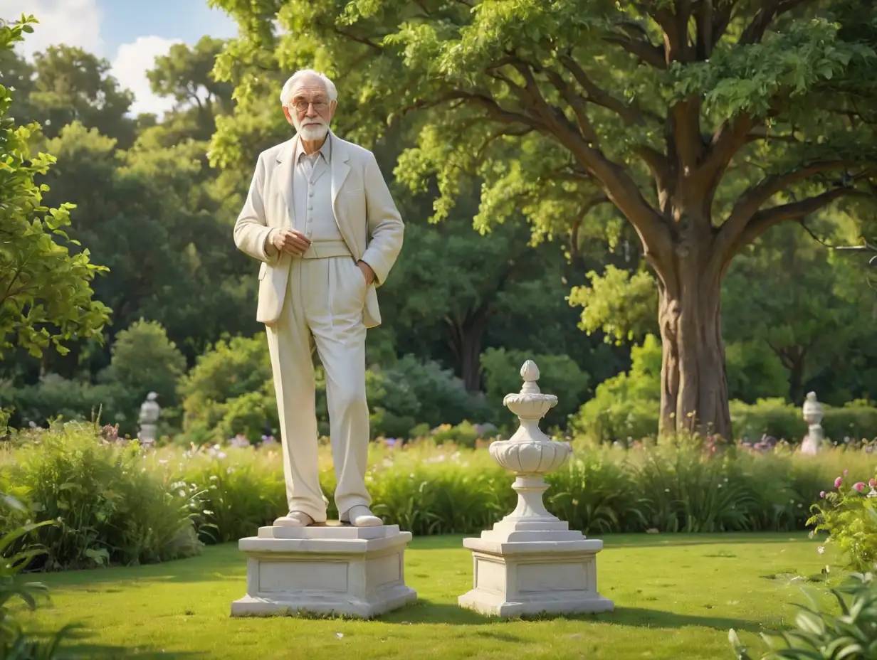 a wide-angle view of a white statue of an elderly man on a pedestal, situated in the middle of a grassy field in a garden, 3d disney inspire