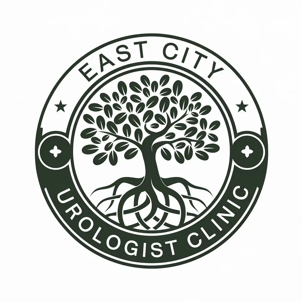 LOGO Design for East City Urologist Clinic Gajumaru Tree Symbol with Deep Green and Friendly Vibe for Healthcare