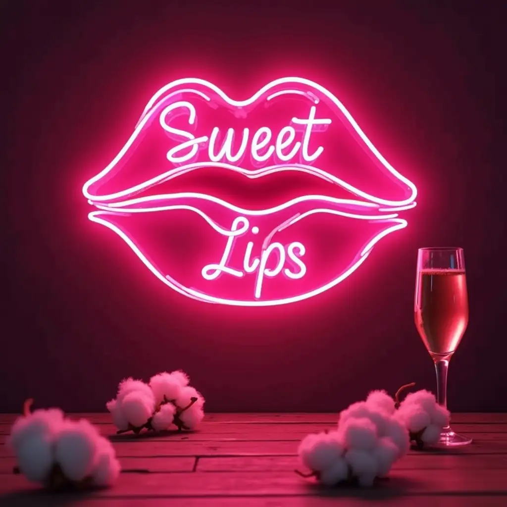 1. Neon sign : SWEET LIPS n2. Background with sweet cotton and a champagne glass