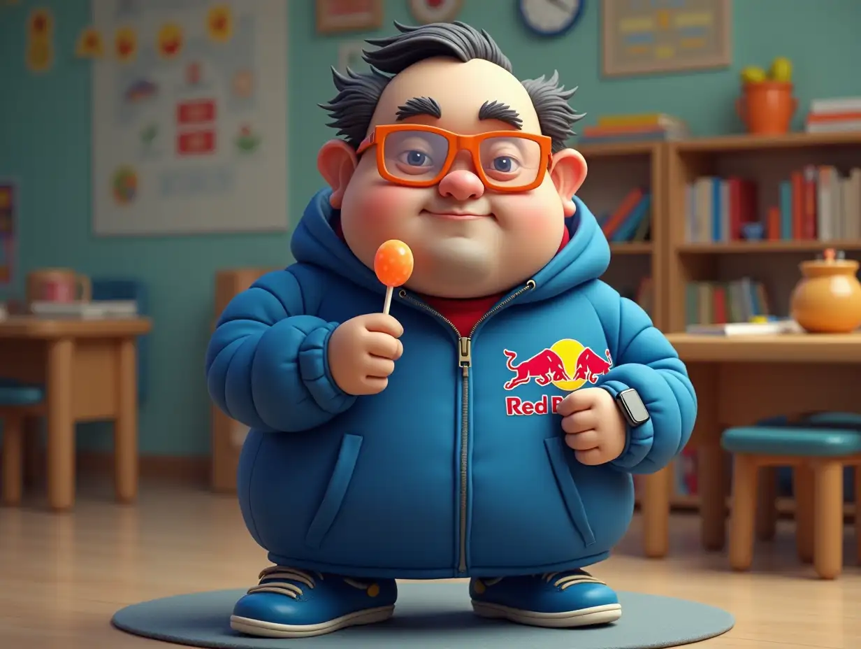 chubby old guy, styled up hair, balding big forehead, 'red bull' branded jacket in blue, glases with orange frame . Blue sports shoes. 56 years old, smartwatch, black hair, full body, in  kindergarden, with lolipops in his hands 