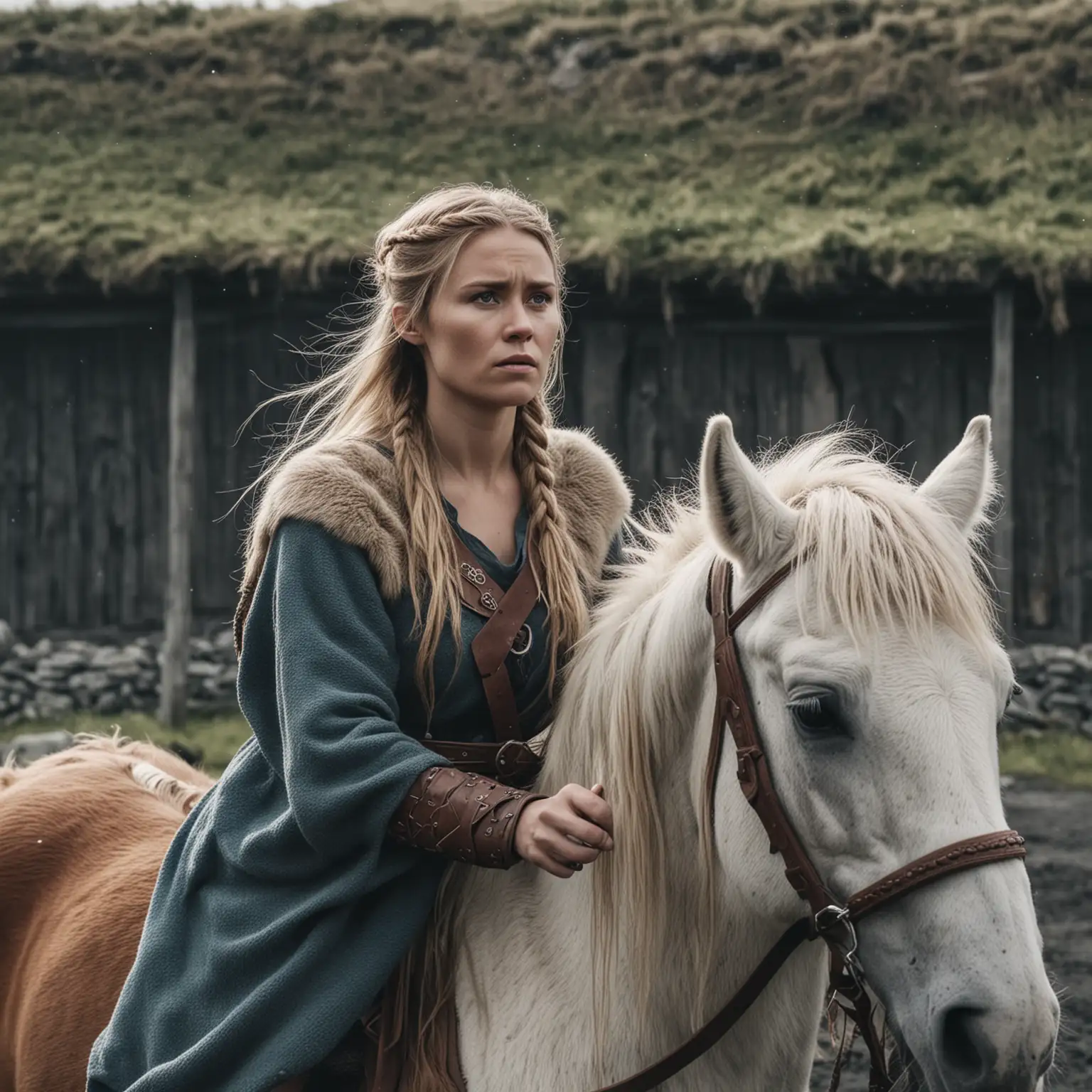 Cinematic Viking Woman Riding Pony Outside Viking Hall in Iceland