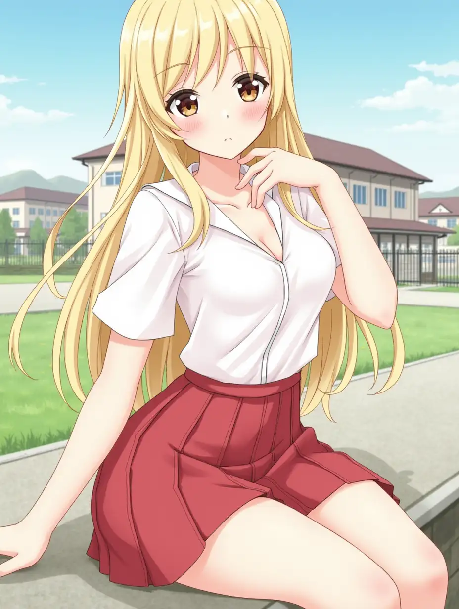 school uniform, skirt, (beautiful, high res, 256k:1.2), outdoors, school, white school uniform, red skirt, beautiful scenery, long blonde hair, brown eyes, white outfit, sitting, revealing cleavage