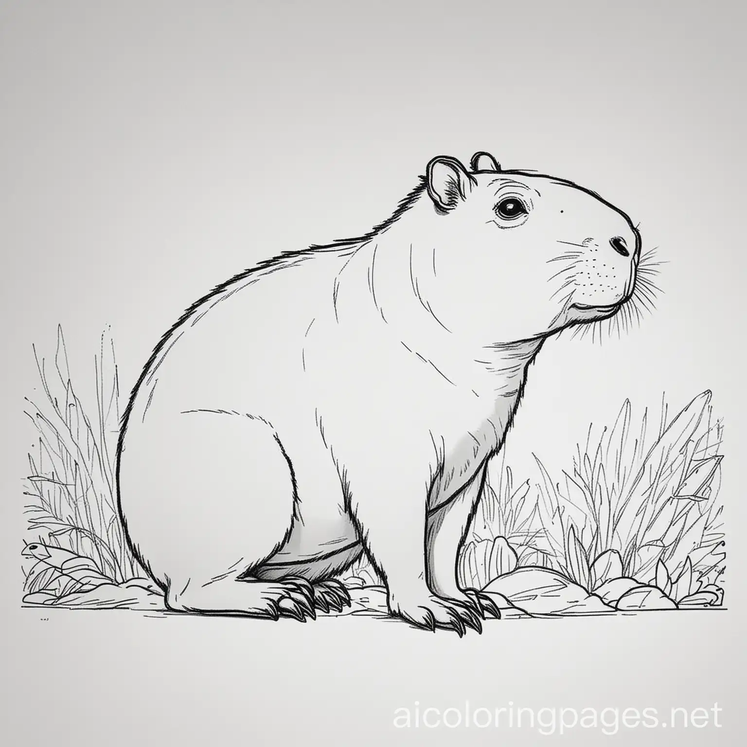 Capibara coloring page, Coloring Page, black and white, line art, white background, Simplicity, Ample White Space. The background of the coloring page is plain white to make it easy for young children to color within the lines. The outlines of all the subjects are easy to distinguish, making it simple for kids to color without too much difficulty