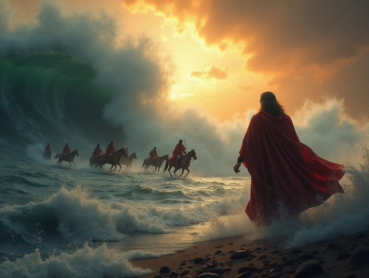 Moses parting the Red Sea, leading the children of Israel on dry land, highly detailed, cinematic lighting, epic composition, biblical illustration, chiaroscuro, awe-inspiring, Egyptian chariots in pursuit, massive waves crashing down upon them, sense of divine power, high resolution, 8k, octane render