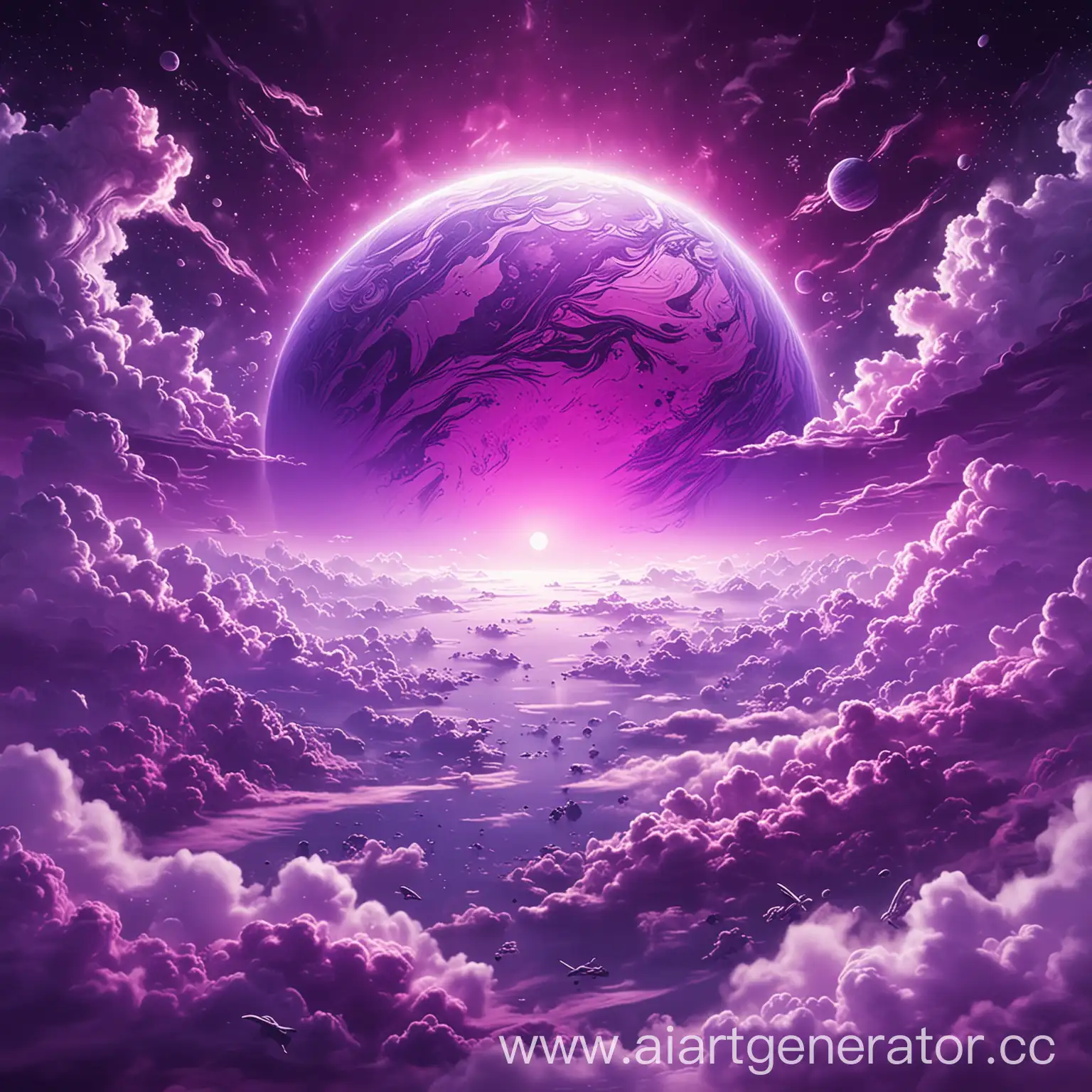 Cartoonish-Purple-Planet-with-Clouds-in-Foggy-Style