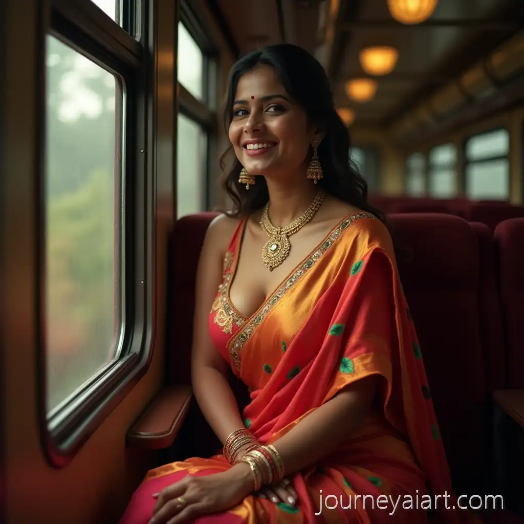 Beautiful-Young-Indian-Woman-in-Colorful-Silk-Saree-Sitting-on-Train-Window-Seat