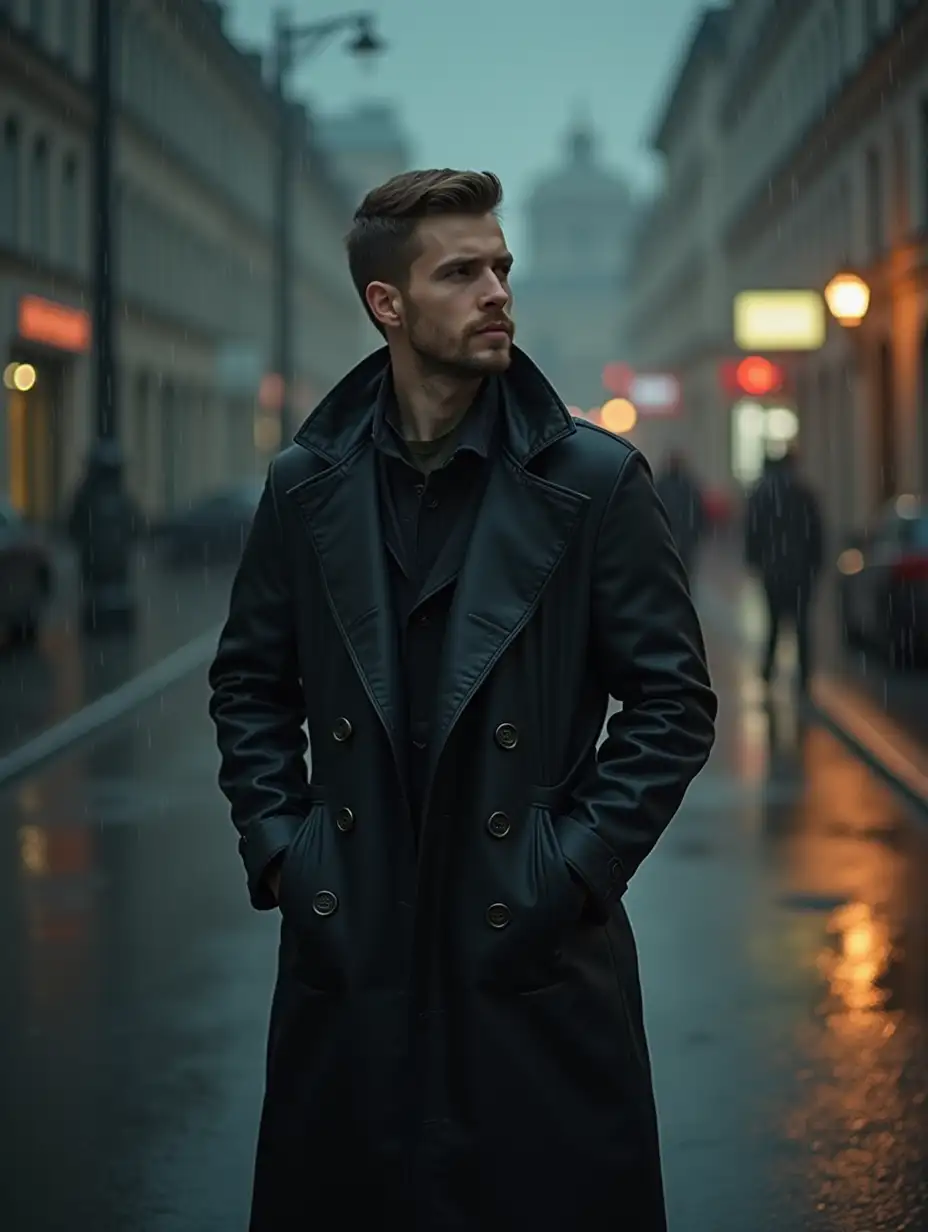 Young Slavic man in long mackintosh in rain, looking sideways. Romantic photo.