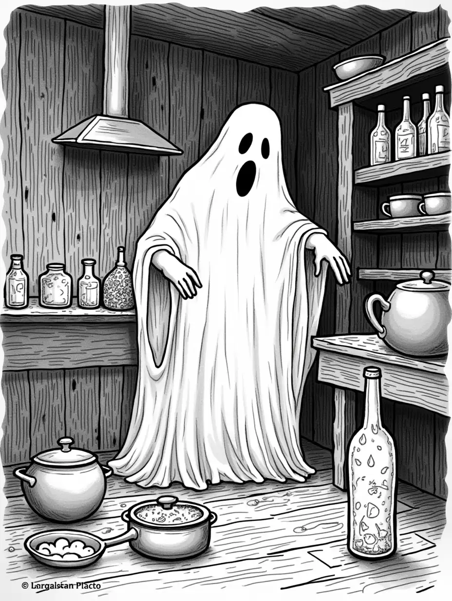 Intricate-Black-and-White-Ink-Drawing-of-a-Ghost-Haunting-Medieval-Kitchen