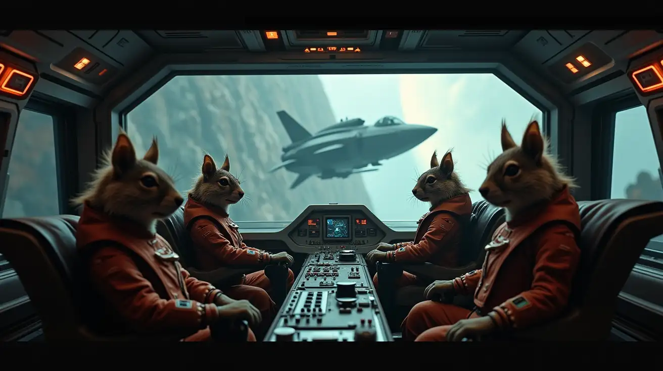 sci fi wide angled view of command room with several mean and dangerous anthropomorphised squirrel astronauts wearing high teck military gear piloting spaceship through an asteroid field, dark, moody, style of blade runner, cinematic, dramatic