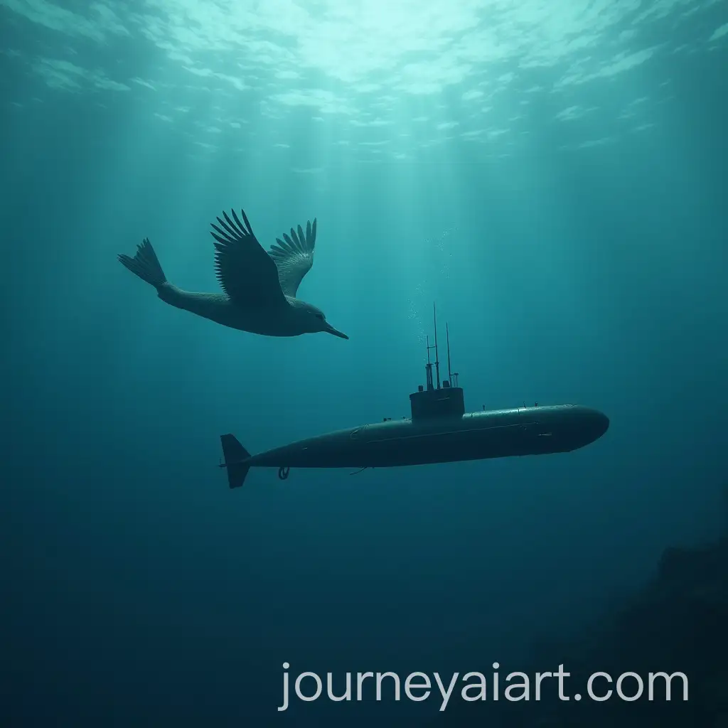 Bird-Swimming-Beneath-the-Surface-with-Submarine-Above