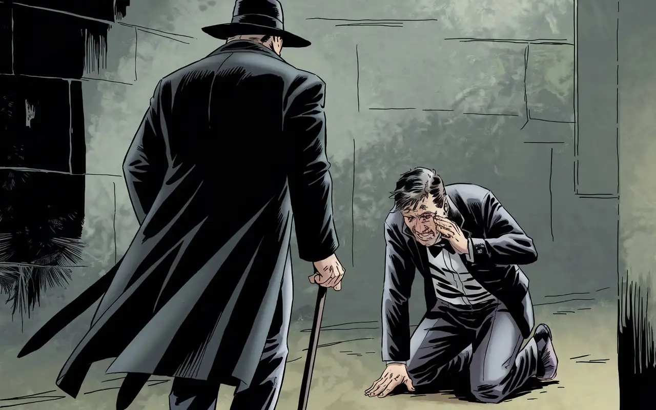 Dark Comic Book Drawing Mysterious Figure Confronts Begging Man