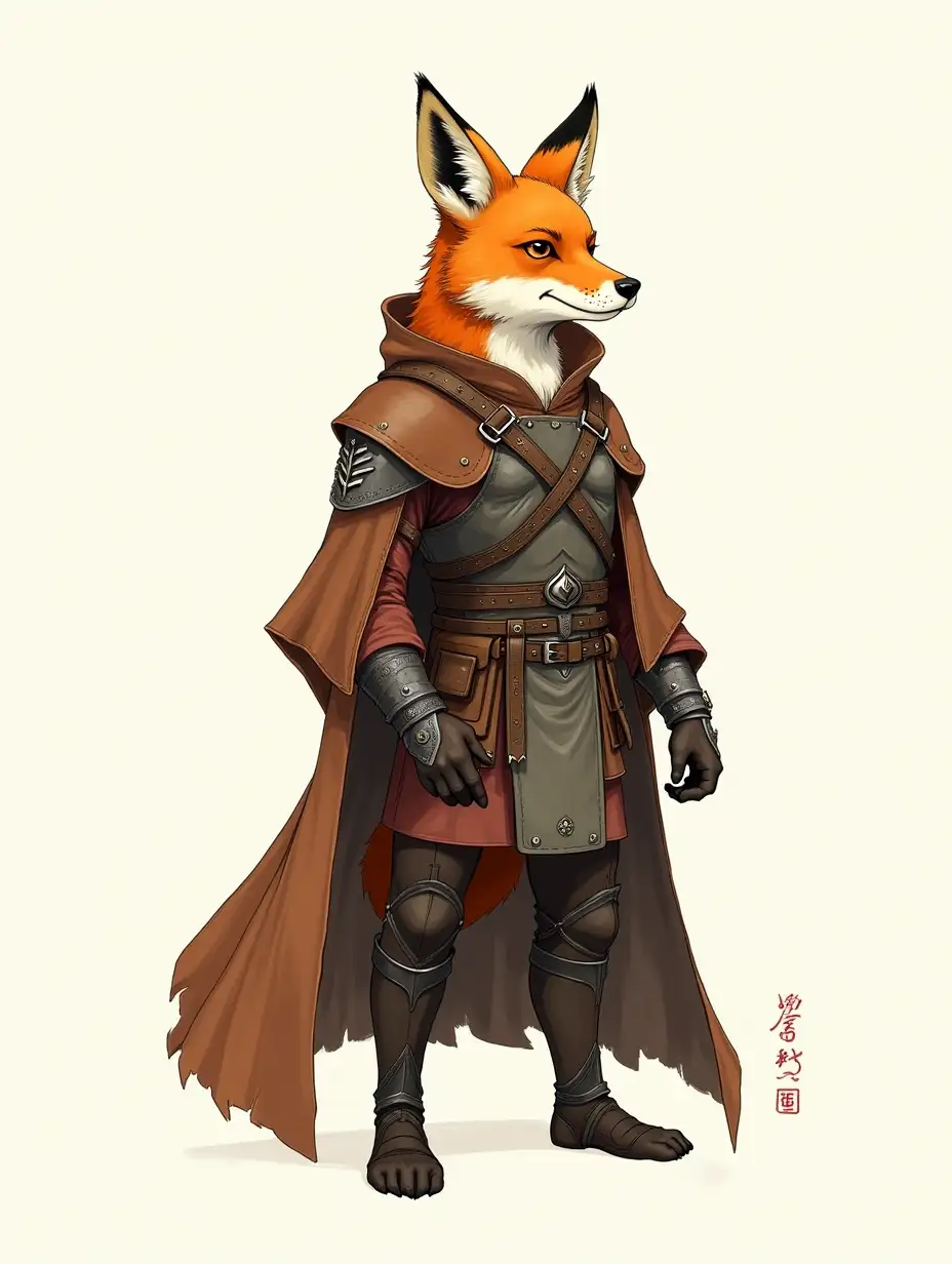 create a concept art for a video game from an indie studio in the Zelda style, depicting a half-human half-fox dressed in a long armored leather cloak, ginger fur, having furry paws instead of human hands and a cute facial expression, a masterpiece, ink drawing, wide stroke, from sideways, intricate, heroic pose