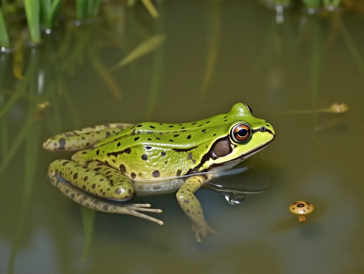 Lake or Pool Frog (Pelophylax lessonae), Marsh frog (Pelophylax ridibundus), edible frog (Pelophylax esculentus) swimming in the pond.