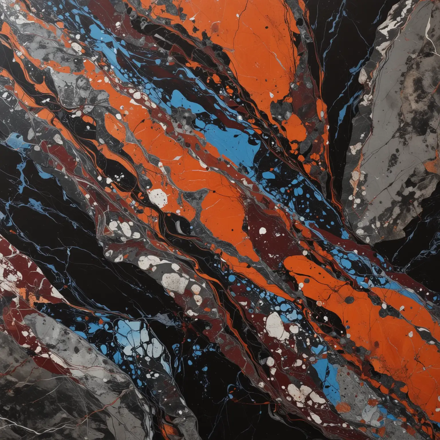 Abstract; black, burnt orange and maroon jet rock with blue, grey and black marbling.