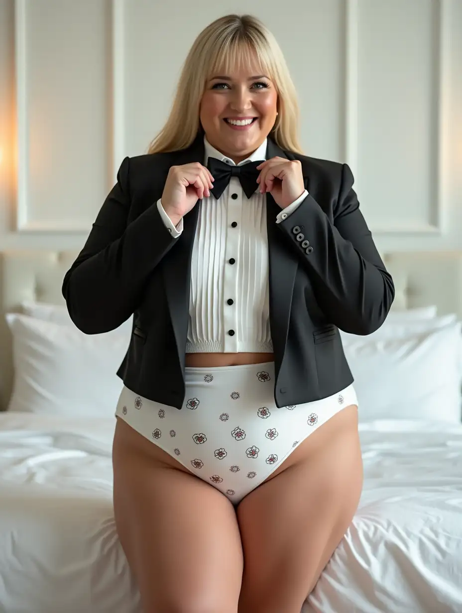 Smiling-Caucasian-Woman-in-Formal-Orchestra-Tuxedo-with-Bow-Tie-in-White-Bedroom