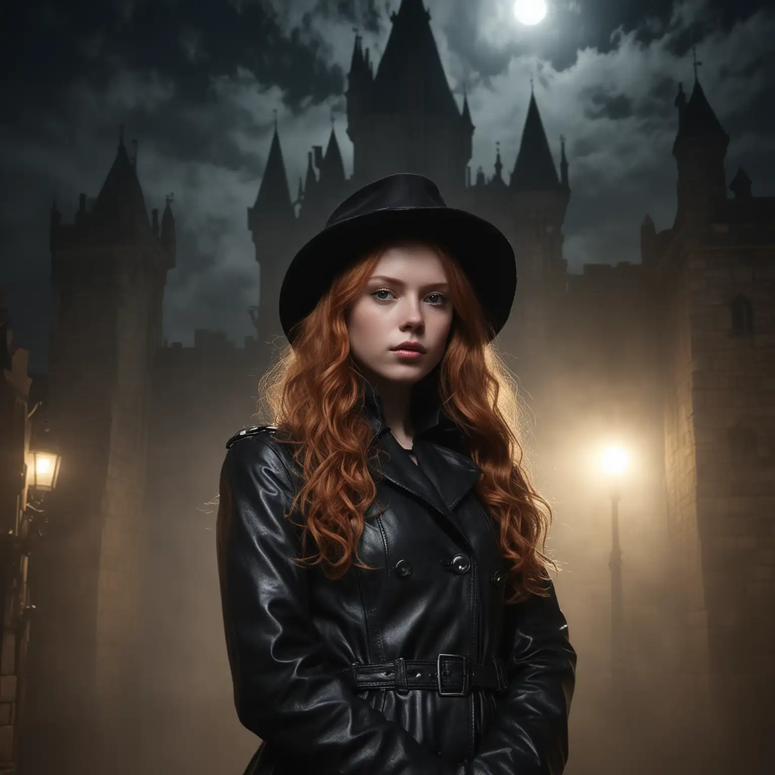 a photo-realistic portrait (of a ginger girl with long wavy hair), in a leather coat and hat, standing against a background of a dark gothic castle, under moonlight, with light fog, dark, atmospheric, (detailed), (sharpness) negative prompt: blurriness, deformation, low quality, misty