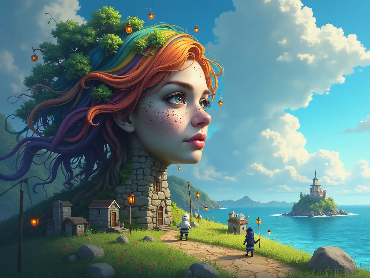 Creating a digital painting transforms a face with rainbow hair into a building with stones and trees with roots and rocks and lanterns by the sea, strange creatures – aliens on a meadow with a rainbow-blue sky